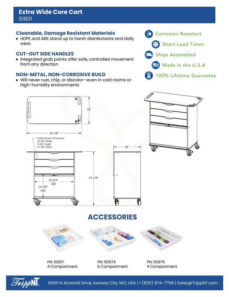 Extra Wide Core Cart with White Drawers | TrippNT